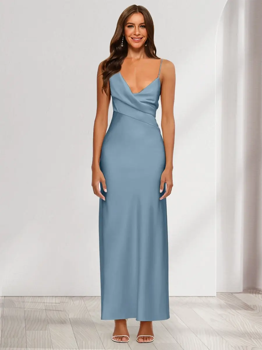 Sheath/Column V-Neck Ruched Ankle-Length Satin Evening Dresses — view 1
