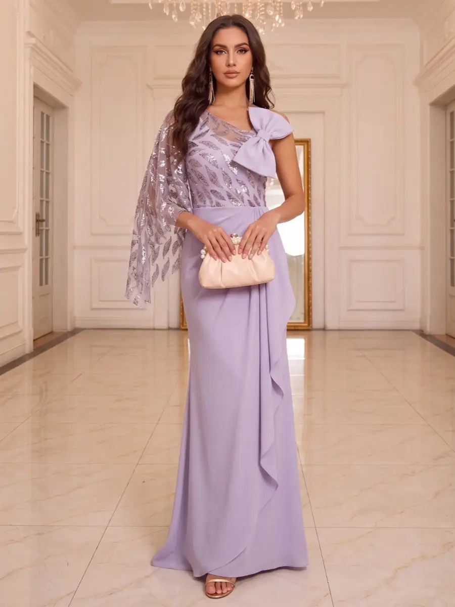 Trumpet/Mermaid Scoop Asymmetrical Floor-Length Evening Dresses with Ruffles & Bowknot — view 1