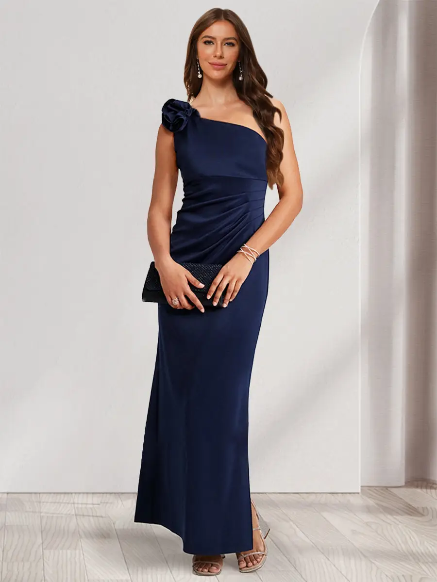 Sheath/Column One-Shoulder Floor-Length Ruched Evening Dresses — view 1