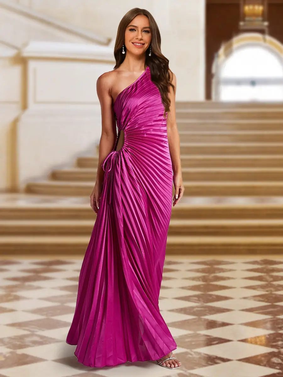 A-Line/Princess One-Shoulder Side Cutout Satin Pleated Evening Dresses — view 1