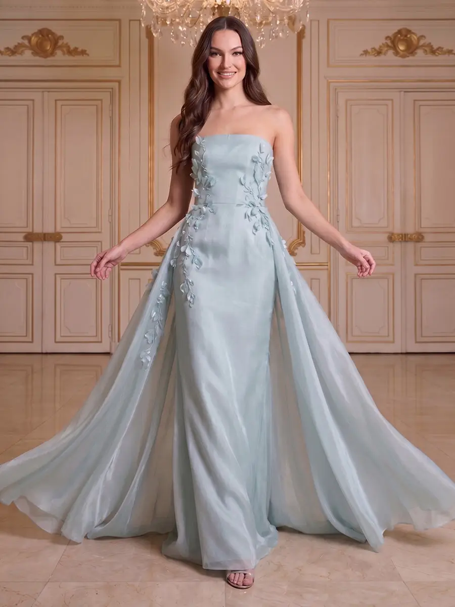 A-Line/Princess Strapless Sleeveless Floor-Length Evening Dresses with 3D Floral — view 1