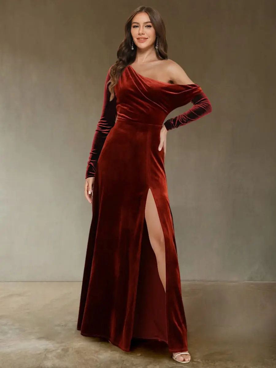 Sheath/Column Off-the-Shoulder Long Sleeves Velvet Evening Dresses with Side Slit — view 1
