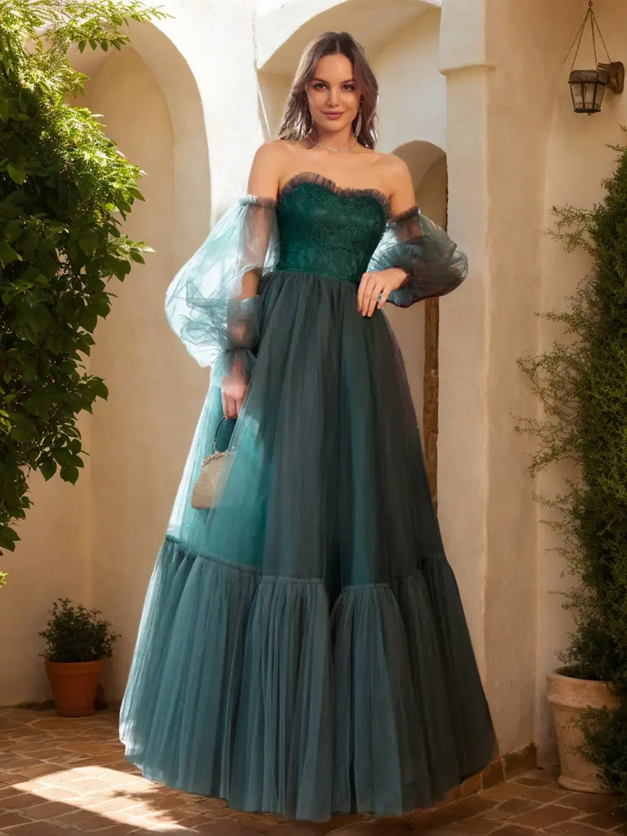 A-Line/Princess Tulle Sweetheart Long Prom Dresses — view 1