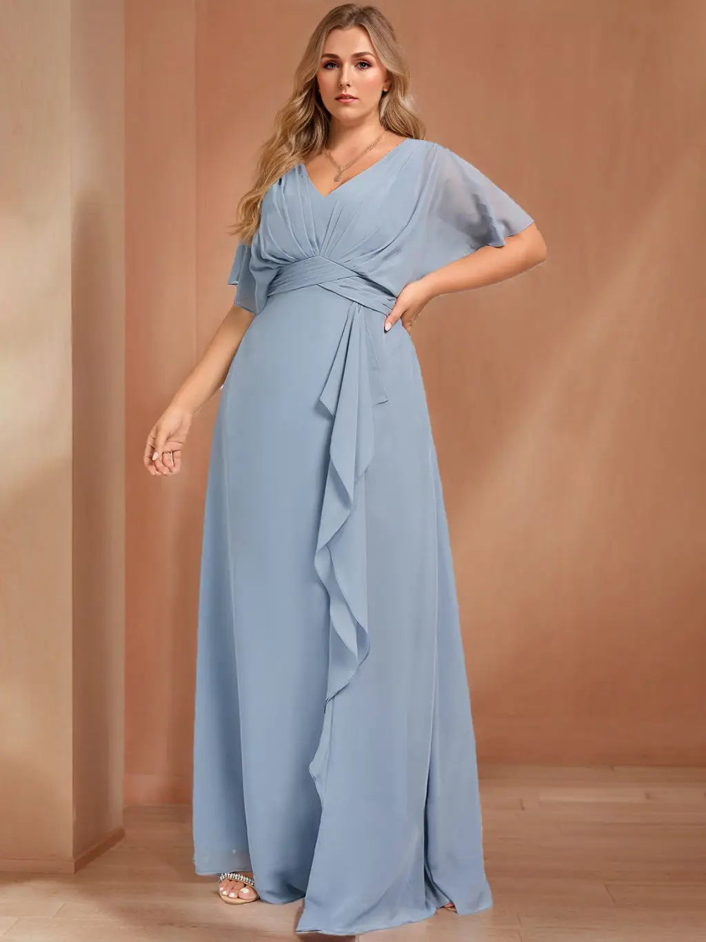 A-Line/Princess V-Neck Half Sleeves Floor-Length Chiffon Plus Size Bridesmaid Dresses with Ruffles — view 1