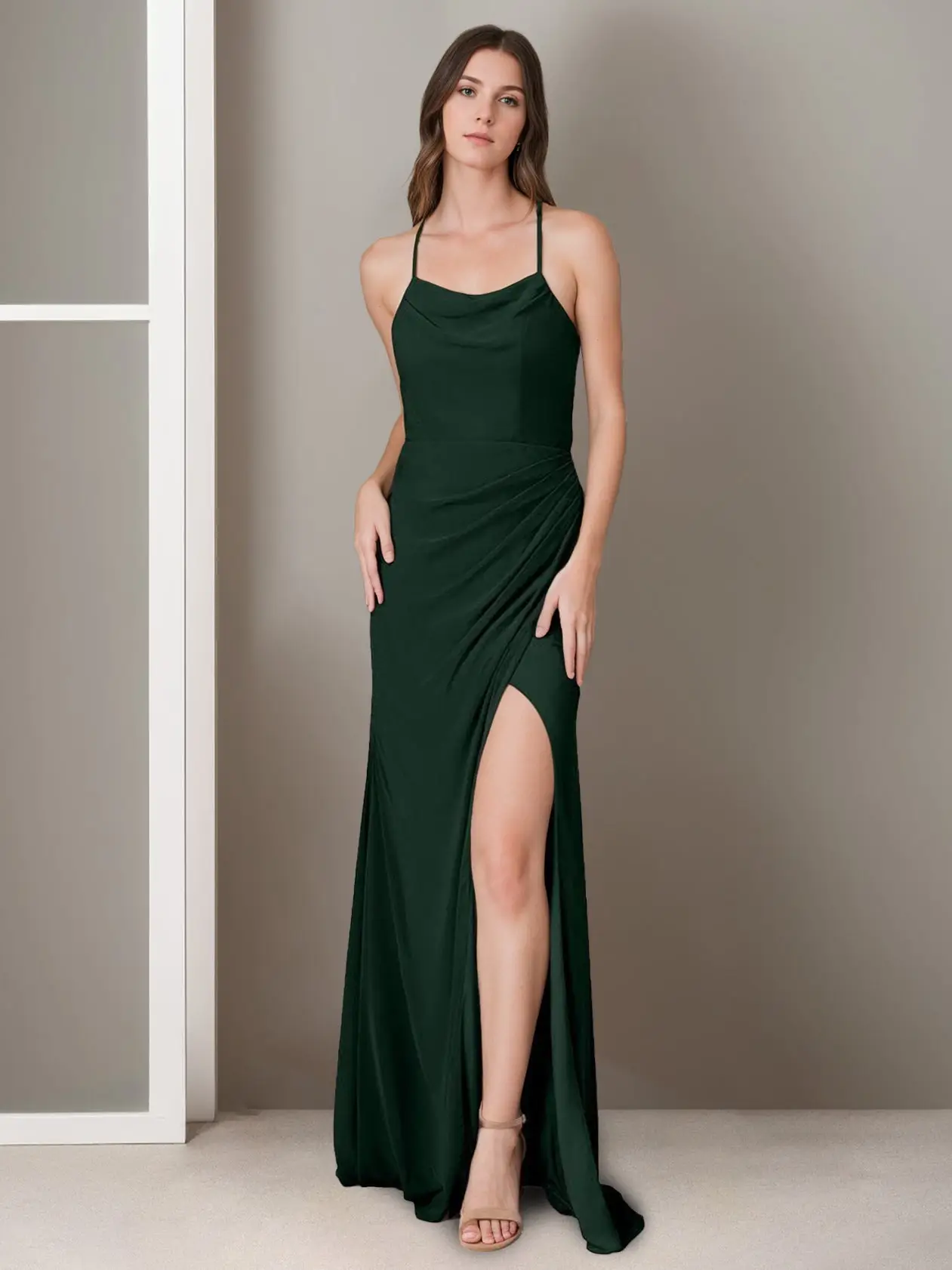 A-Line/Princess Spaghetti Straps Sleeveless Floor-Length Bridesmaid Dresses with Split Side & Ruching — view 1