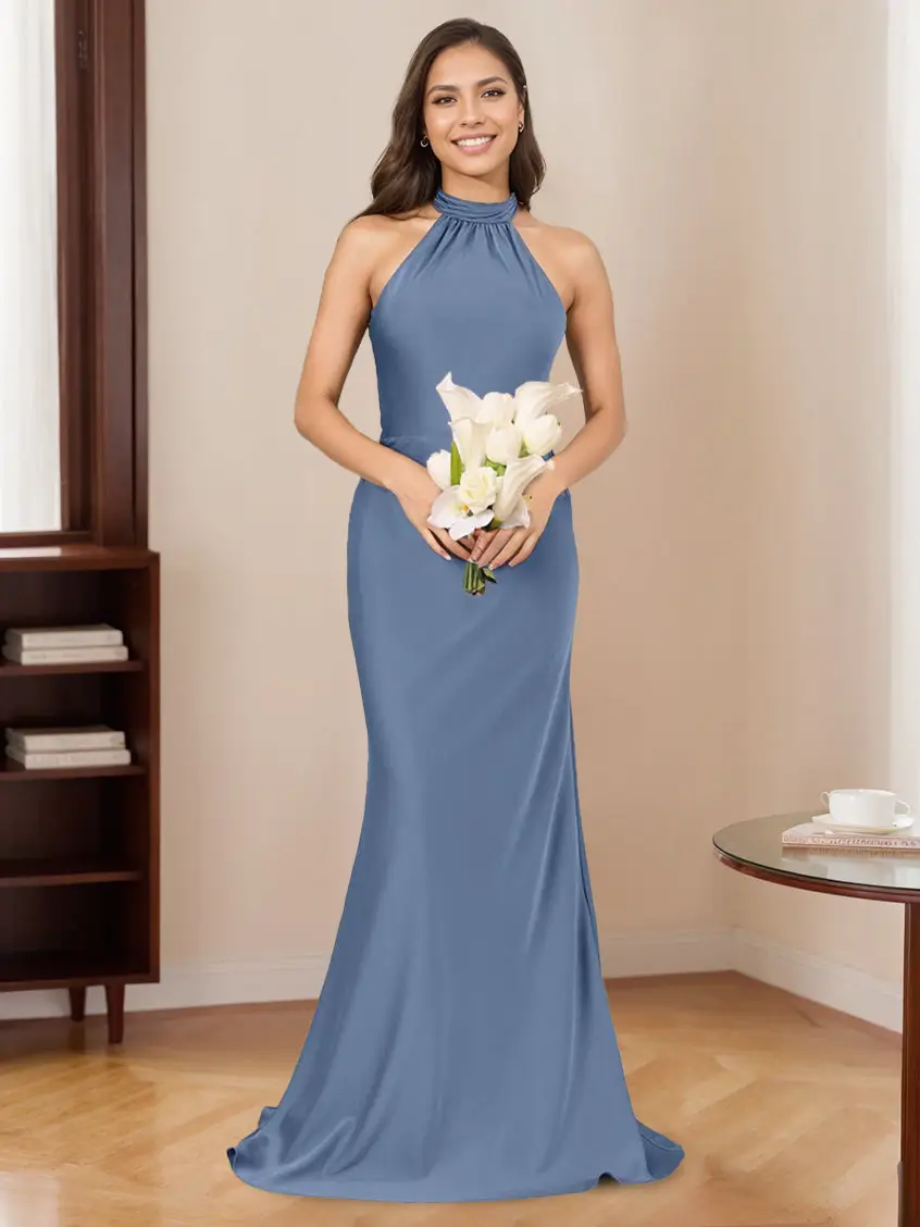 Mermaid/Trumpet Halter Sleeveless Floor-Length Bridesmaid Dresses — view 1