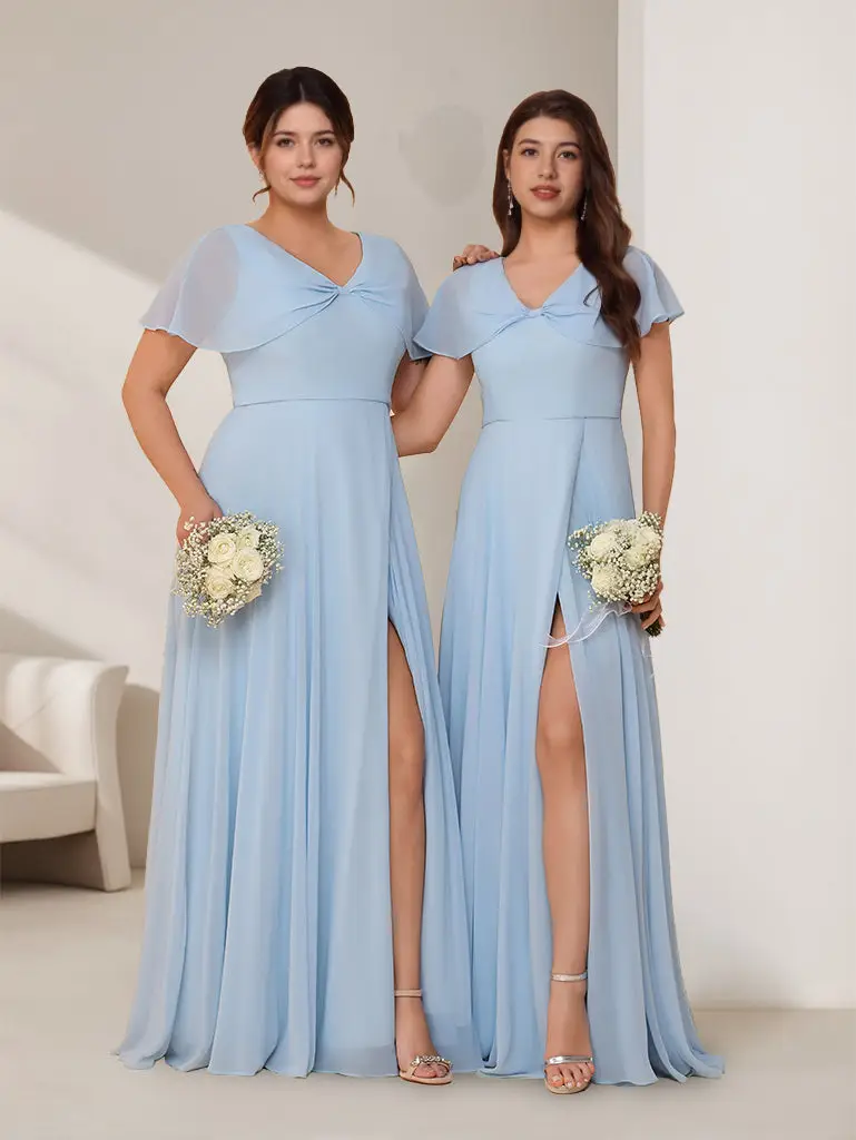 A-Line/Princess V-Neck Short Sleeves Floor-Length Bridesmaid Dresses with Split Side — LV98806069 — view 1