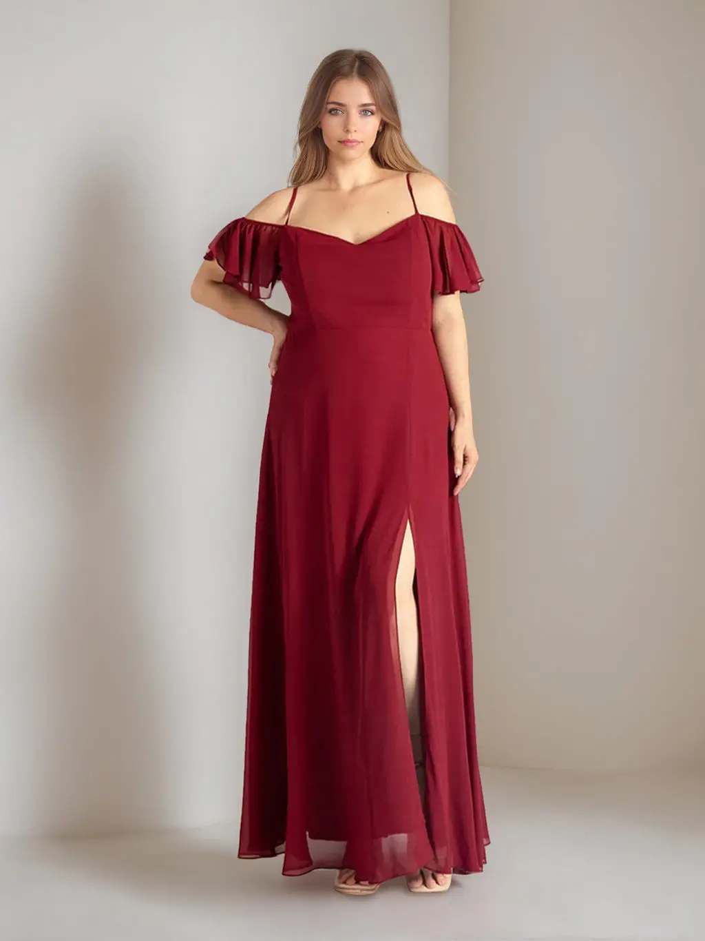 A Line/Princess Spaghetti Straps Sleeveless Floor-Length Chiffon Plus Size Bridesmaid Dresses with Split Side — view 1