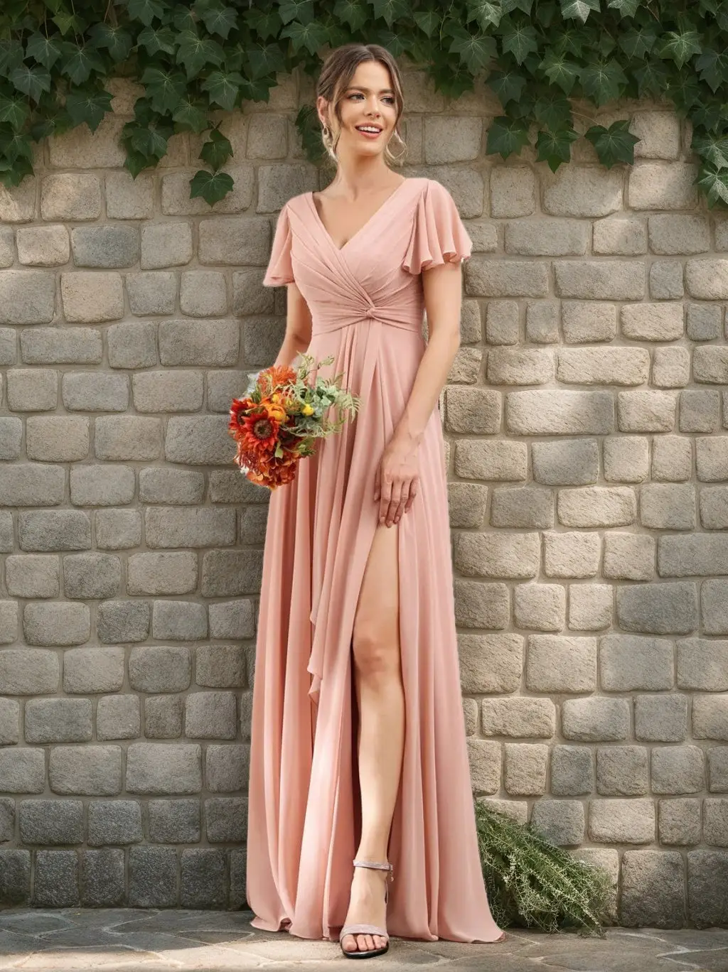 A-Line/Princess V-Neck Short Sleeves Floor-Length Bridesmaid Dresses with Split Side — LV99155765 — view 1