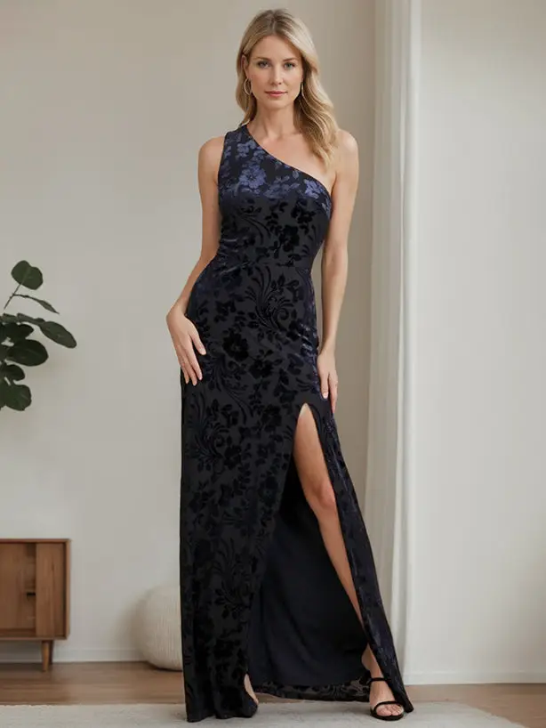 A-Line/Princess One-Shoulder Sleeveless Floor-Length Velvet Bridesmaid Dresses with Split Side — view 1
