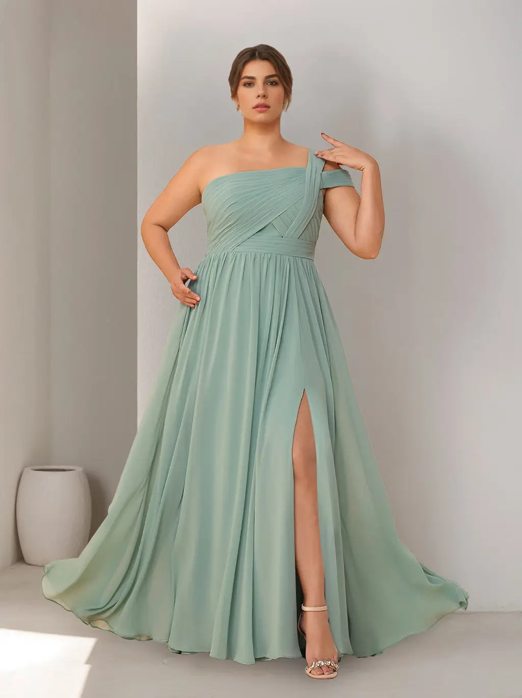 A-Line/Princess One-Shoulder Sleeveless Floor-Length Plus Size Bridesmaid Dresses with Split Side & Ruched — view 1