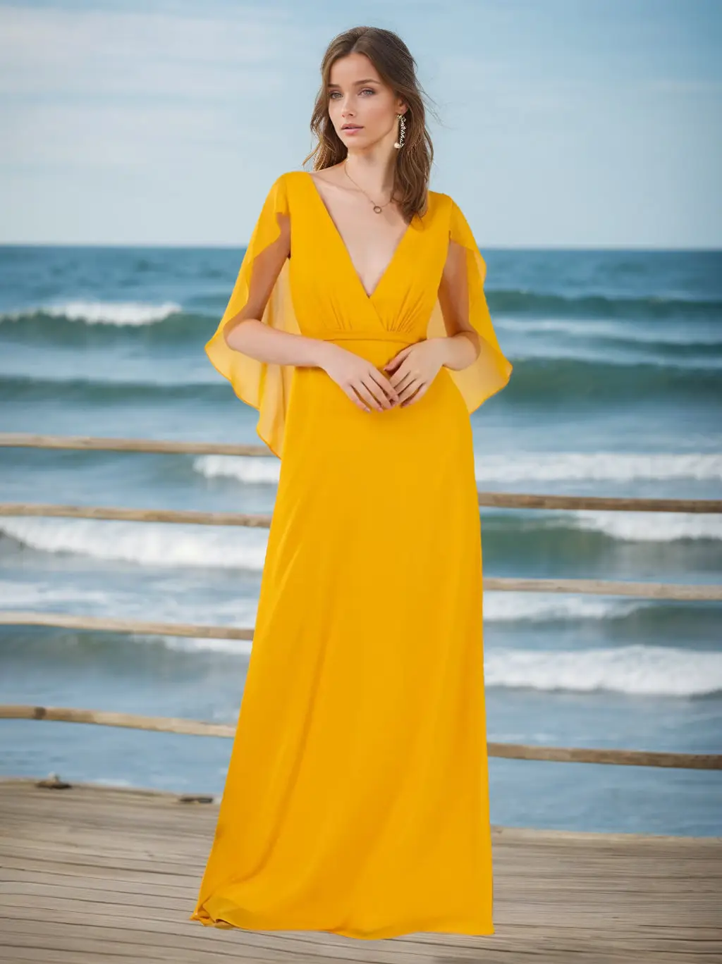 A-Line/Princess Deep V-Neck Sleeveless Floor-Length Chiffon Unique Bridesmaid Dresses with Ruffles — view 1
