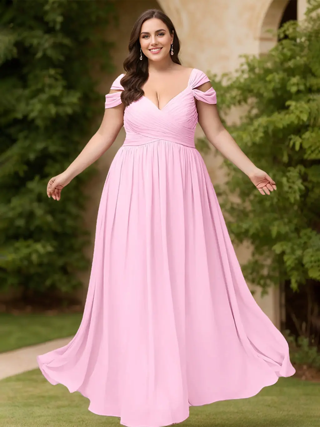 A-Line/Princess Deep V-Neck Floor-Length Plus Size Bridesmaid Dresses with Ruffles — view 1