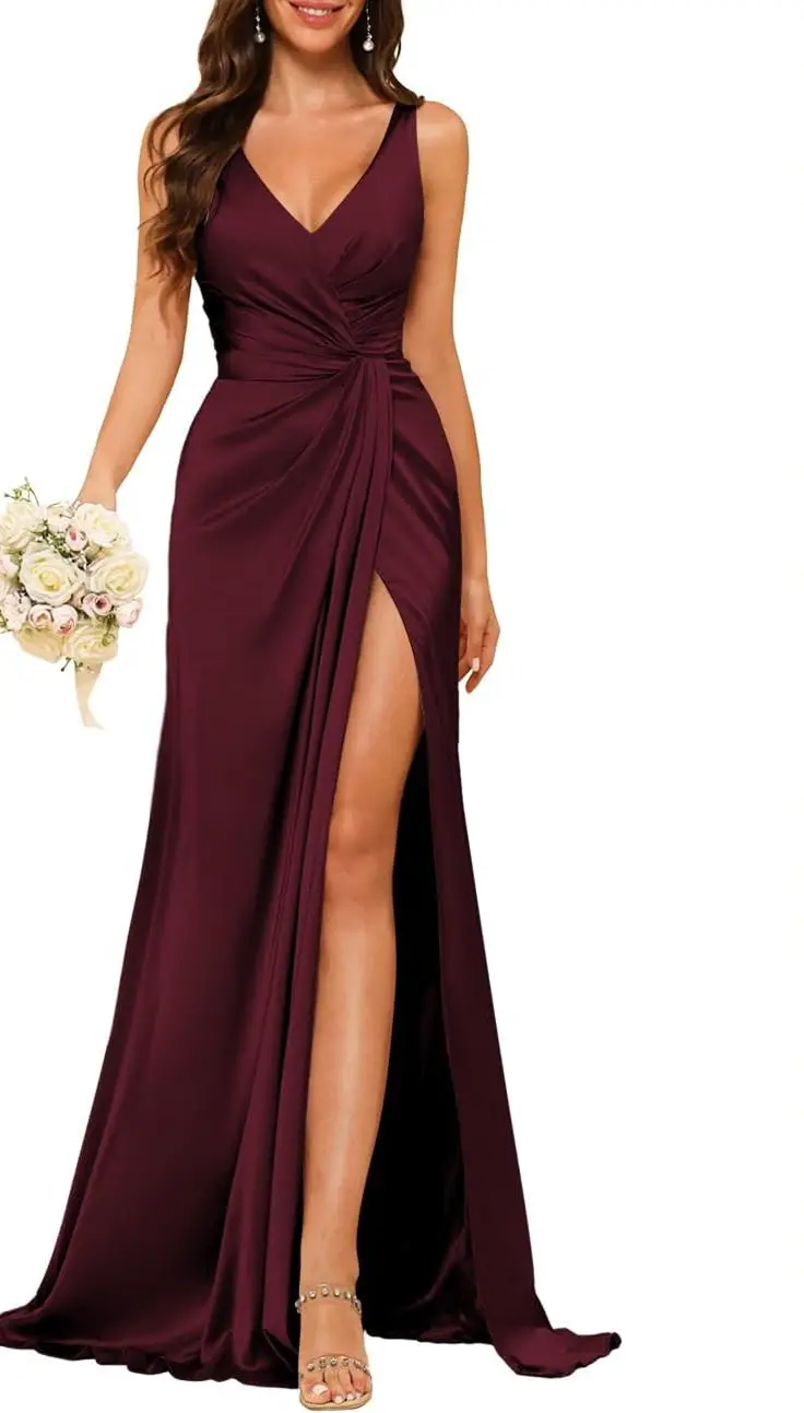 A-Line/Princess V Neck Sleeveless Floor-Length Bridesmaid Dresses with Split — view 1