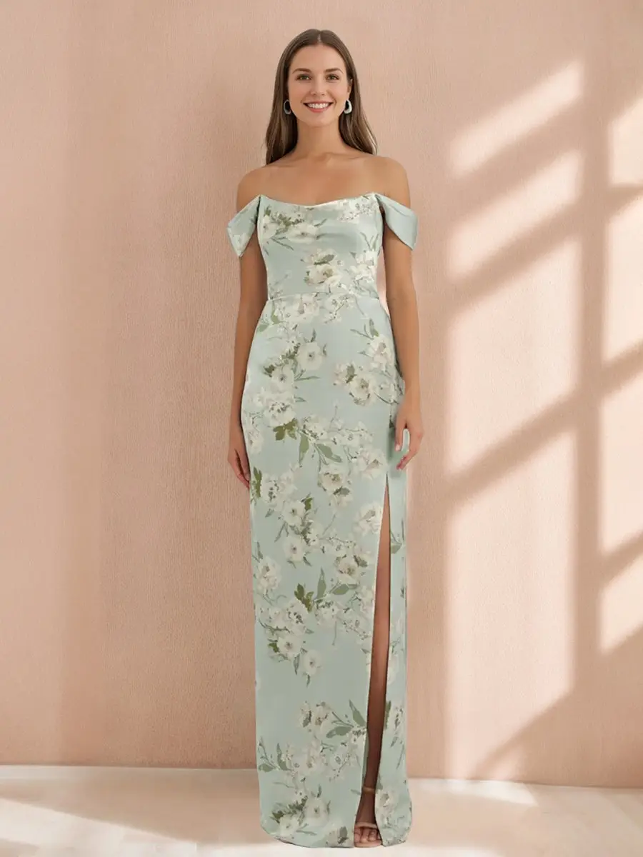 Sheath/Column Off-the-Shoulder Sleeveless Printed Floral Bridesmaid Dresses with Split Side — view 1