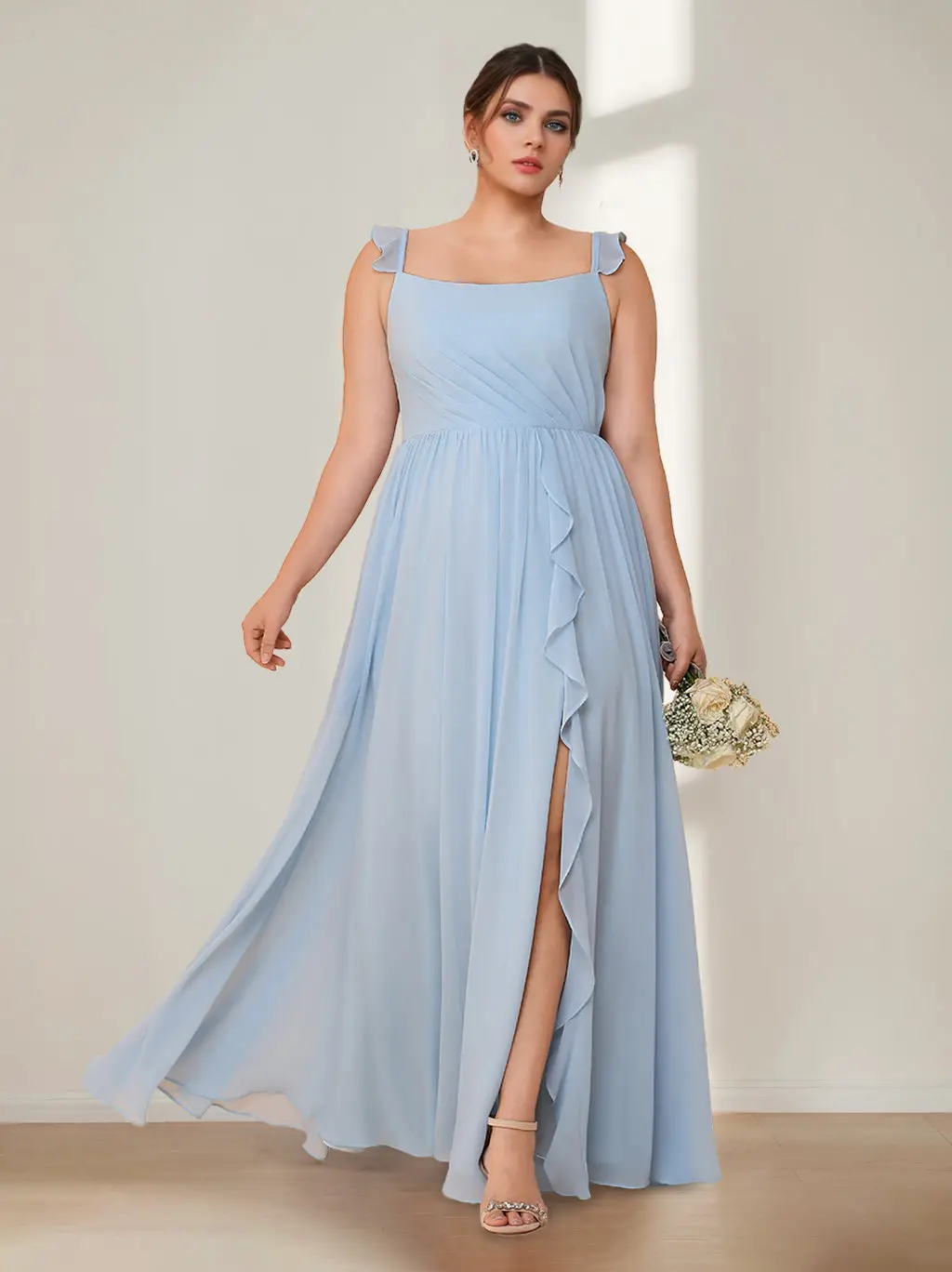 A-Line/Princess Square Neck Sleeveless Floor-Length Chiffon Plus Size Bridesmaid Dresses with Split Side & Ruffles — view 1