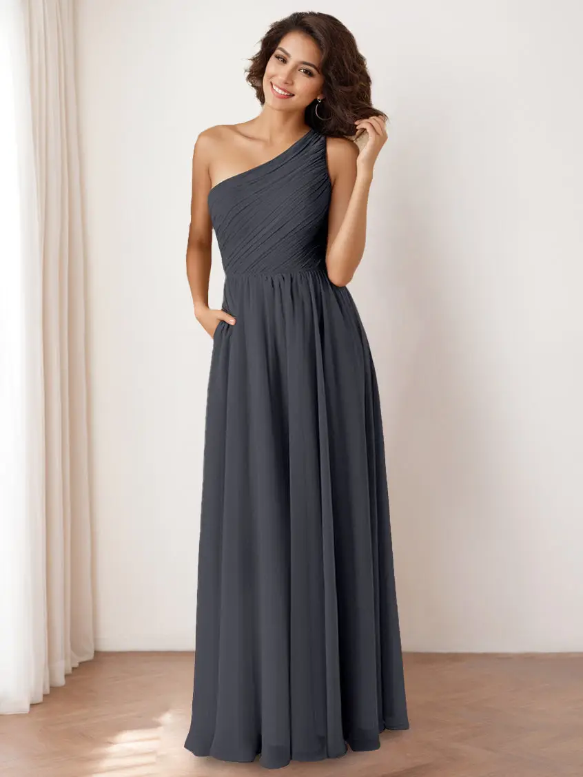A-Line/Princess One-Shoulder Sleeveless Floor-Length Bridesmaid Dresses with Pocket & Ruffles — view 1
