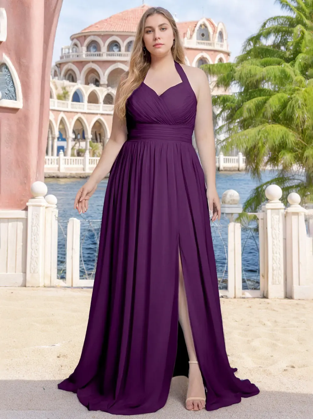 A-Line/Princess Halter V-Neck Sleeveless Floor-Length Plus Size Bridesmaid Dresses with Split Side & Ruffles — view 1