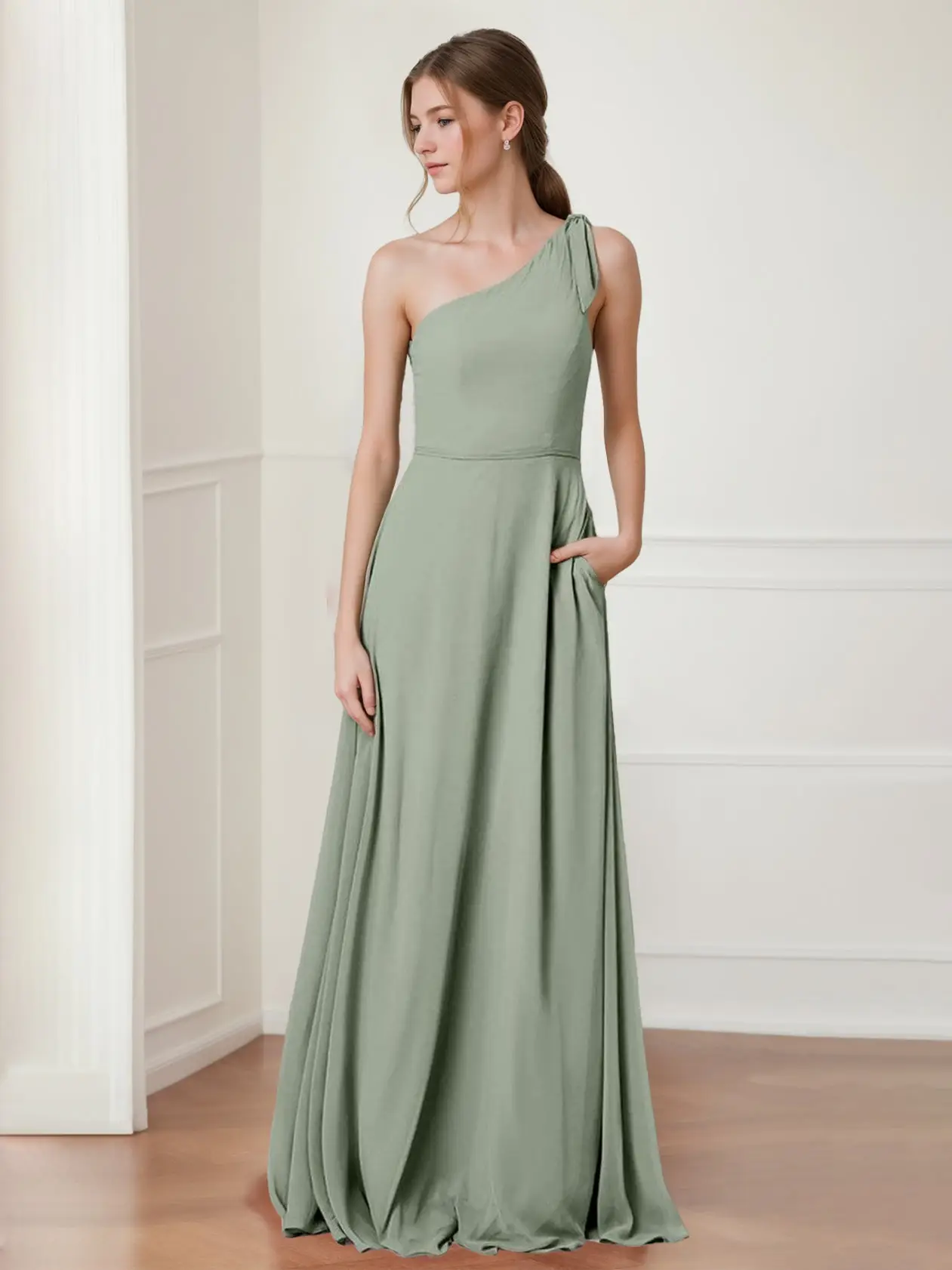 A-Line/Princess One-Shoulder Sleeveless Floor-Length Bridesmaid Dresses with Bowknot — view 1