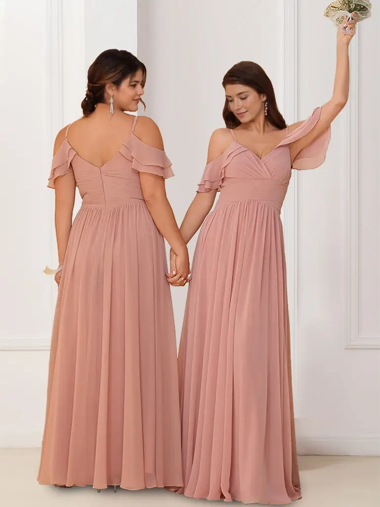 A-Line/Princess V-Neck Spaghetti Straps Sleeveless Floor-Length Chiffon Bridesmaid Dresses with Ruffles — view 1