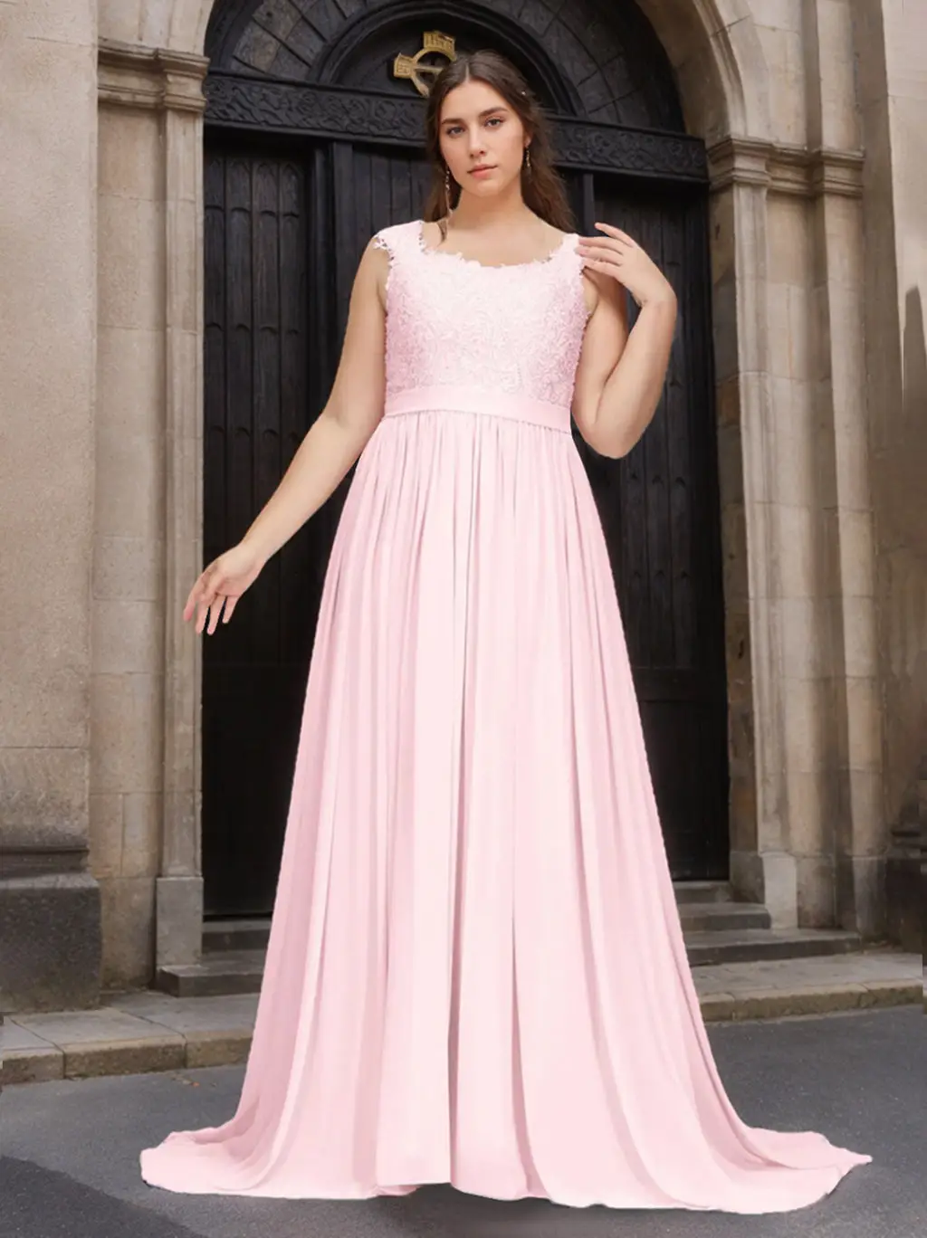 A-Line/Princess Scoop Neck Sleeveless Floor-Length Chiffon Plus Size Bridesmaid Dress with Lace & Appliques — view 1