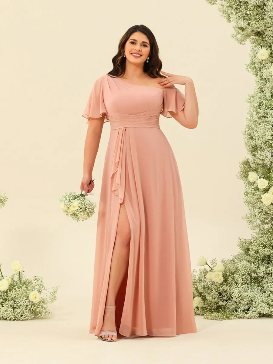 A-Line/Princess One-Shoulder Floor-Length Split Side Plus Size Bridesmaid Dresses — view 1