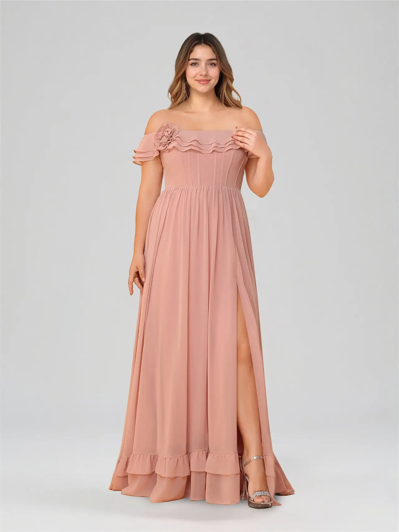 A-Line/Princess Off-the-Shoulder Short Sleeves Floor-Length Plus Size Bridesmaid Dresses with Split Side & Ruched — view 1