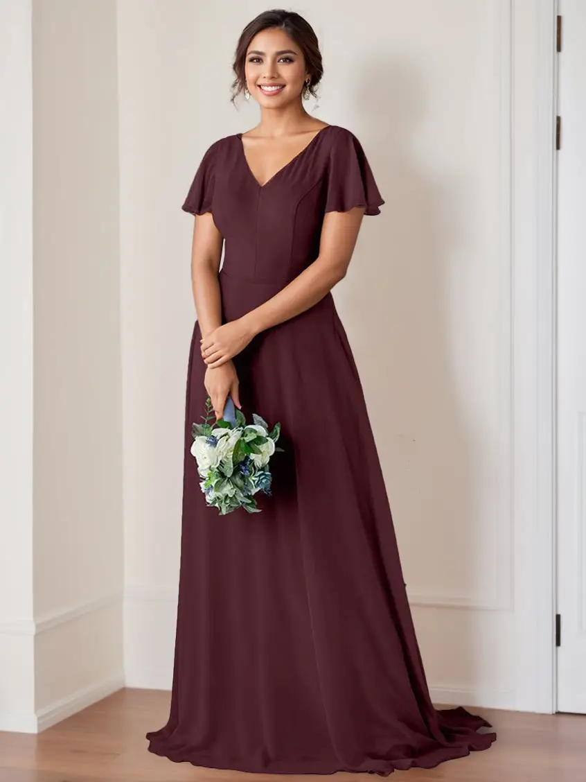 A-Line/Princess V-Neck Flutter Sleeves Floor-Length Bridesmaid Dresses with Ruching — view 1