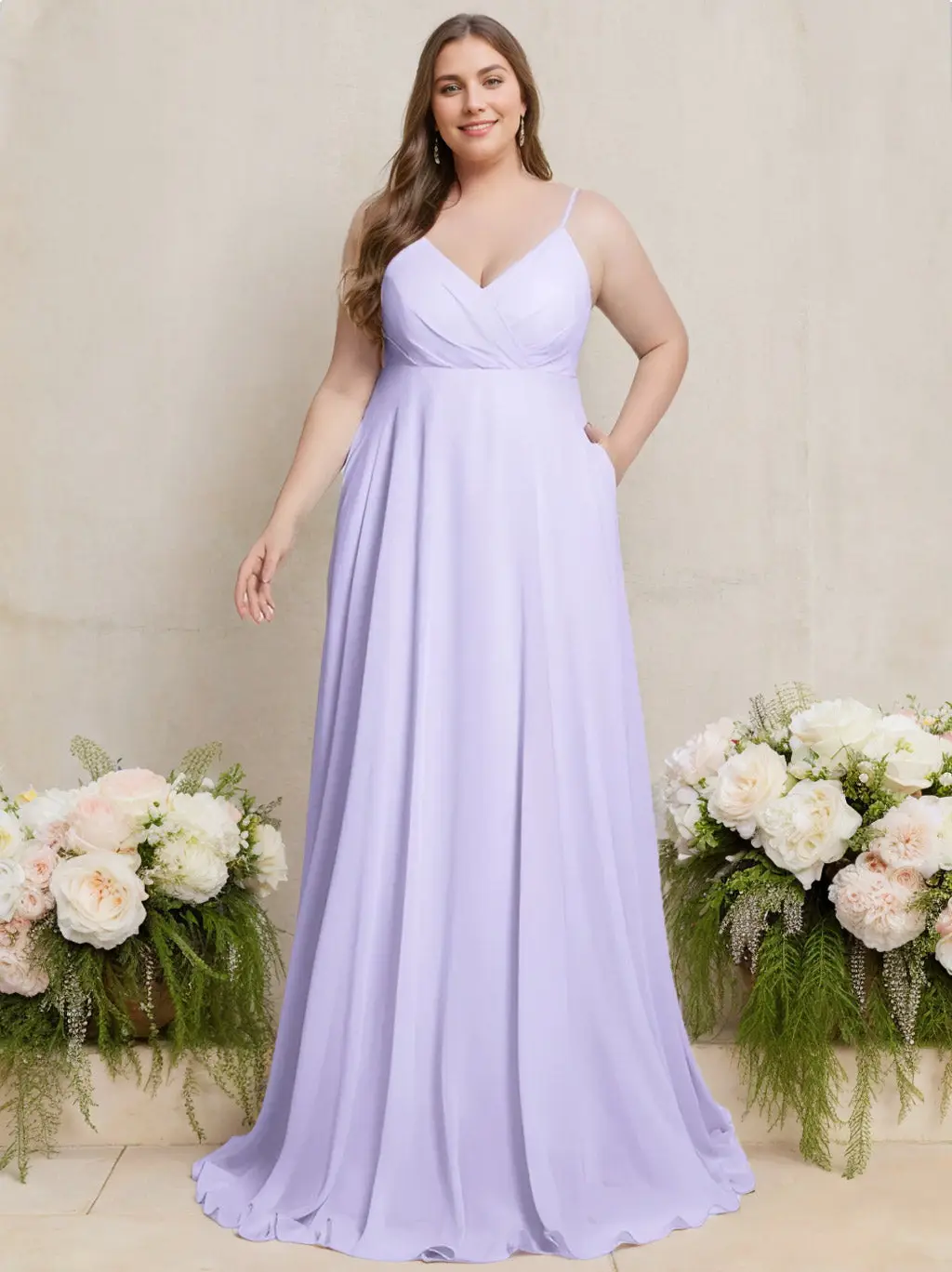 A-Line/Princess Deep V-Neck Spaghetti Straps Sleeveless Floor-Length Plus Size Bridesmaid Dresses with Ruffles — view 1
