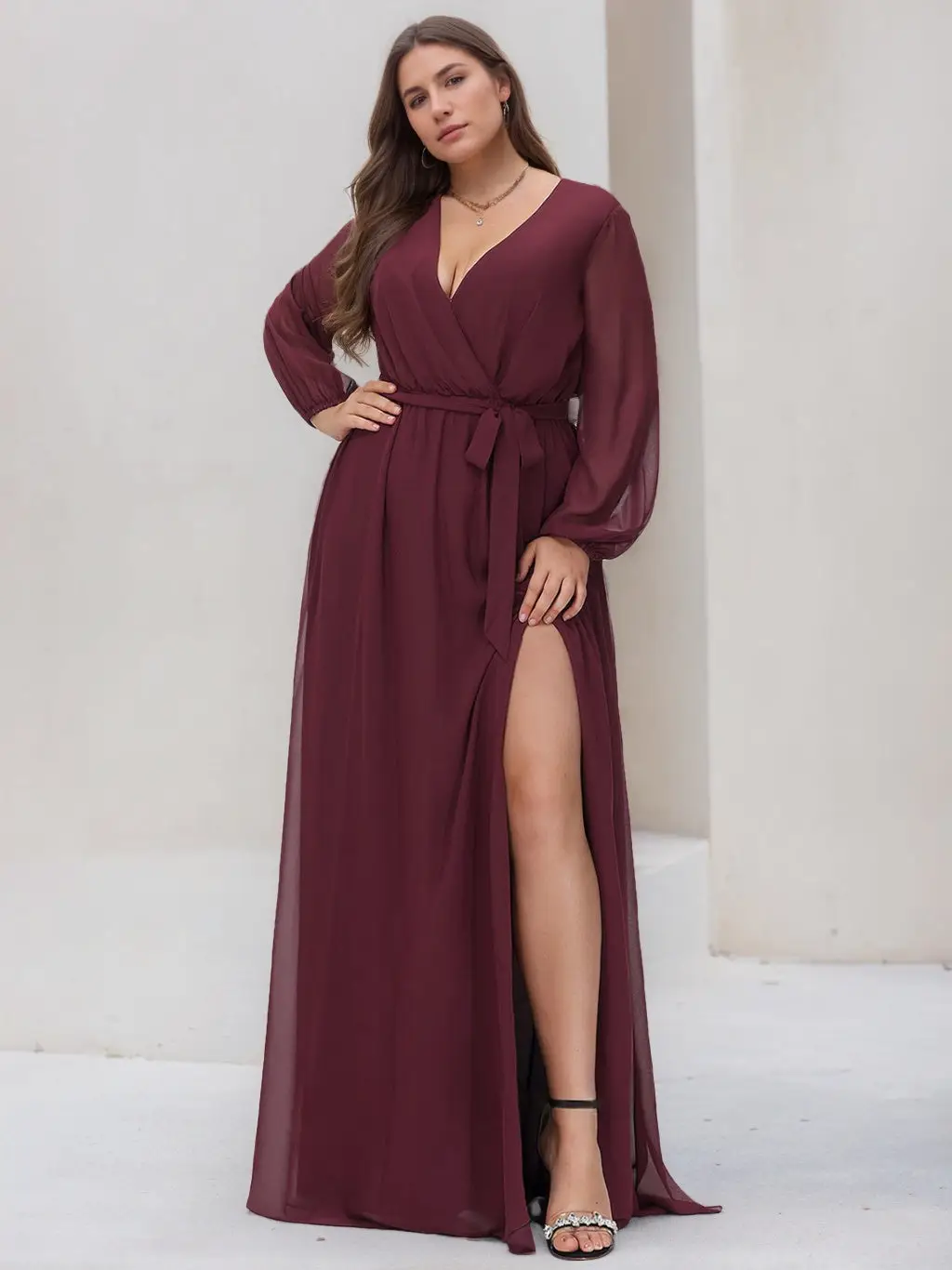 A-Line/Princess V-Neck Long Sleeves Floor-Length Plus Size Bridesmaid Dresses with Pleated — view 1