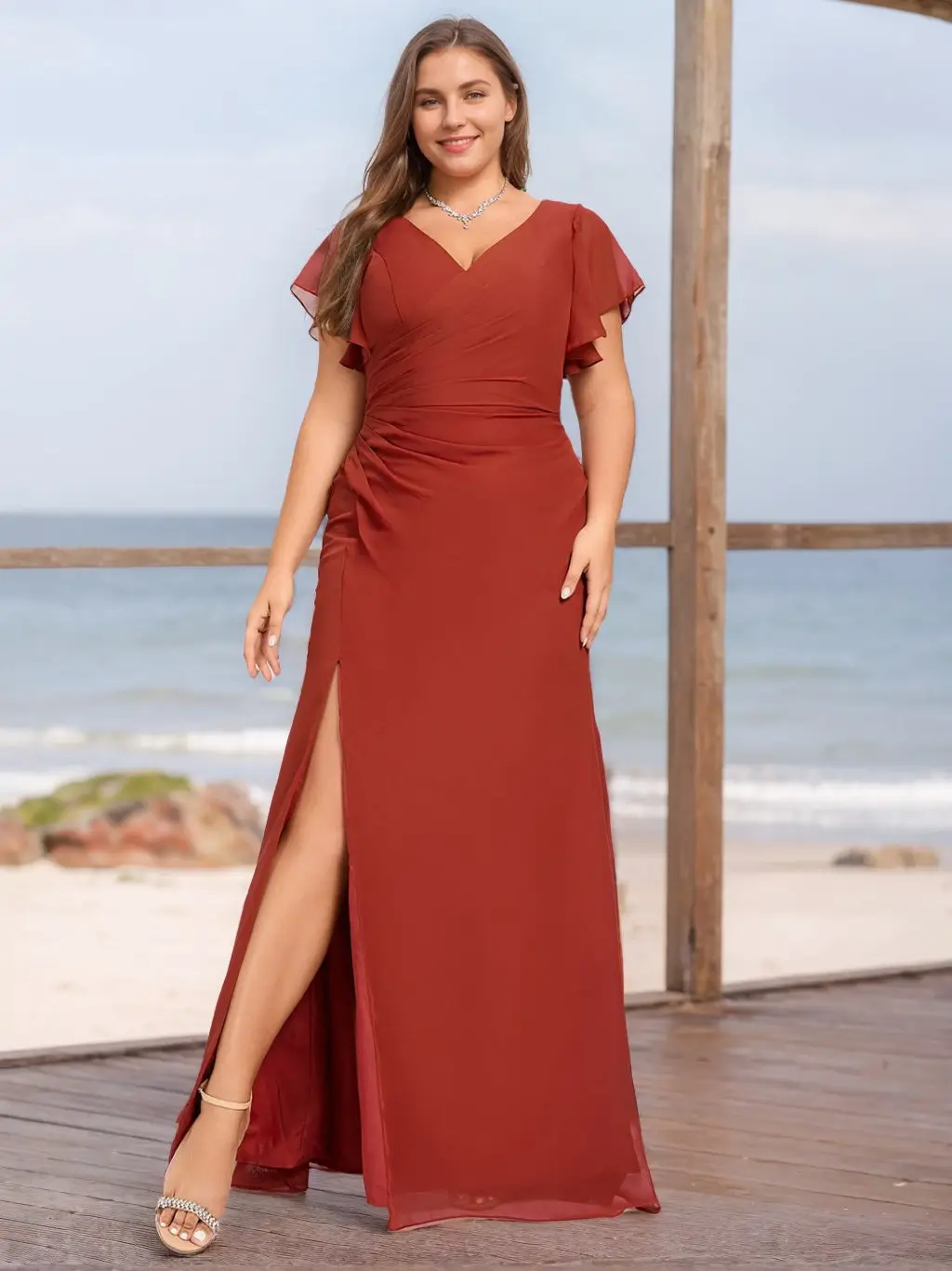 A-Line/Princess V-Neck Short Sleeves Plus Size Bridesmaid Dresses with Ruffles & Split Side — view 1
