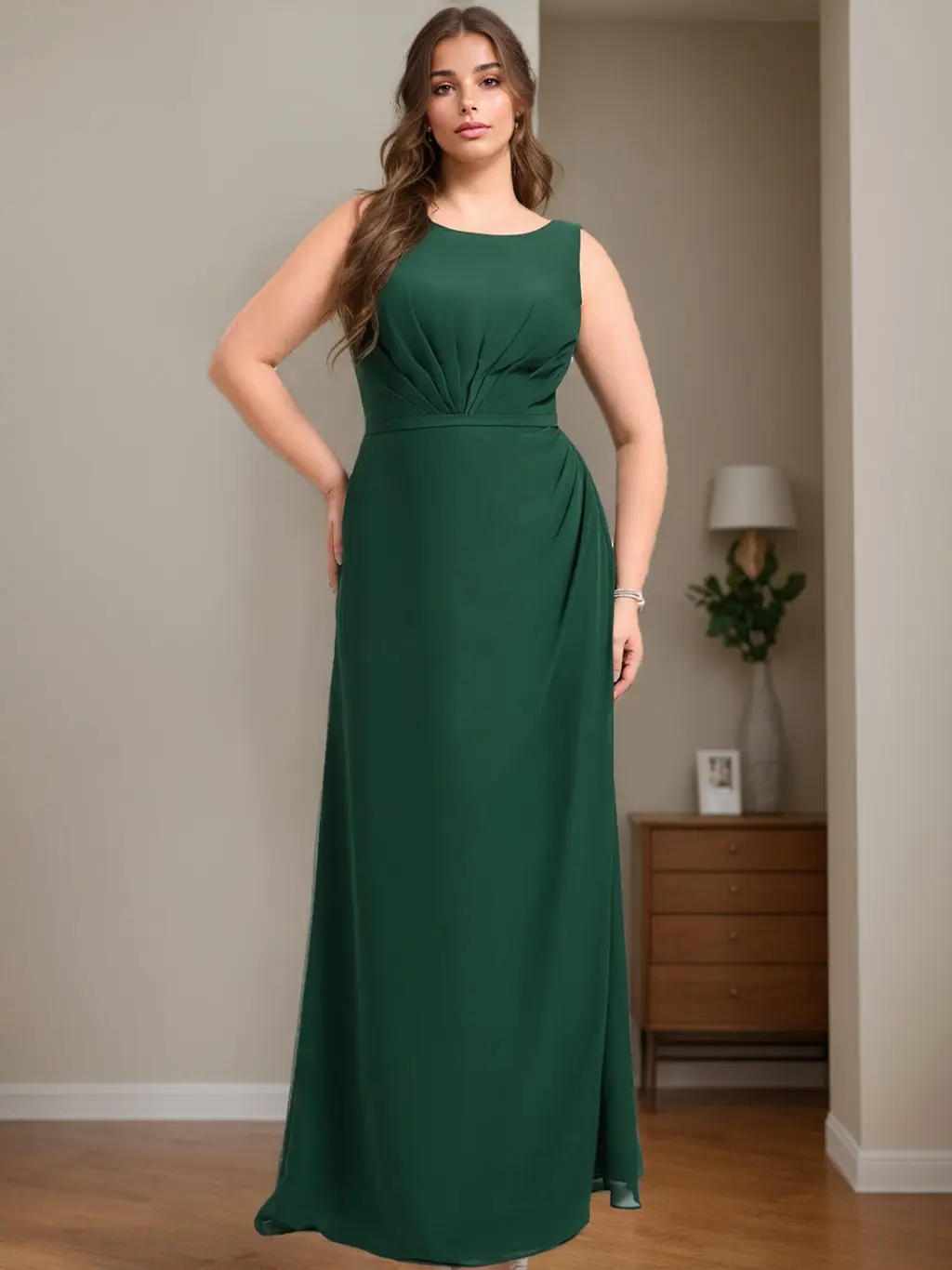 A-Line/Princess Boat Neck Sleeveless Floor-Length Plus Size Bridesmaid Dresses With Ruffles — view 1