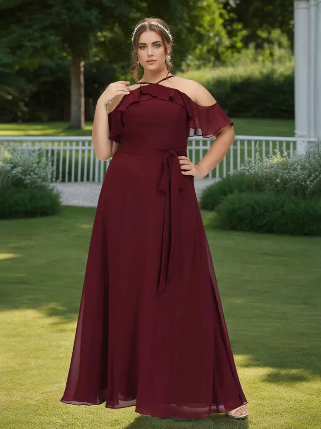 A Line/Princess Short Sleeves Floor-Length Plus Size Bridesmaid Dresses with Bowknot — view 1