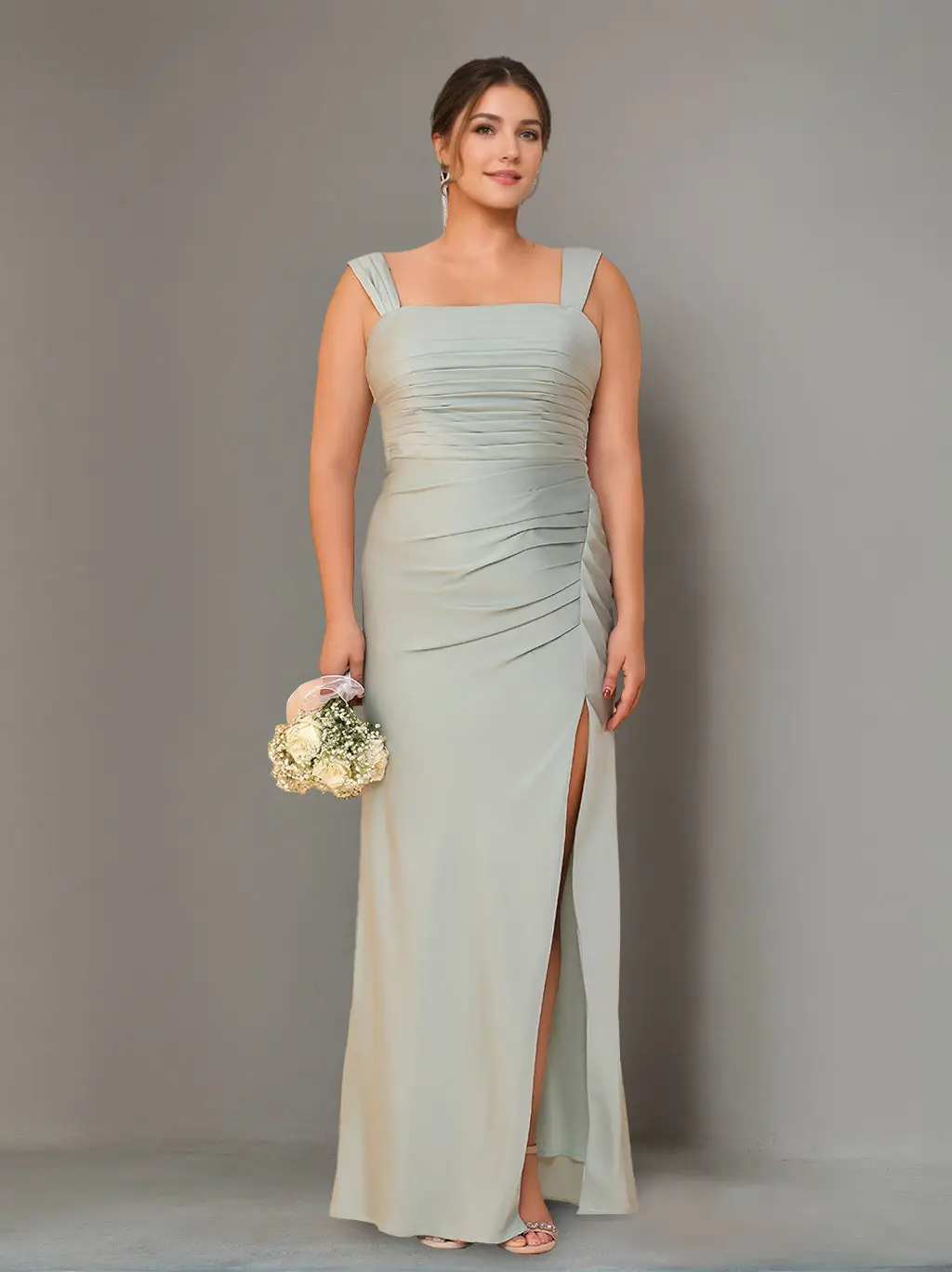 Sheath/Column Square Neck Sleeveless Floor-Length Plus Size Bridesmaid Dresses with Ruffles & Split Side — view 1