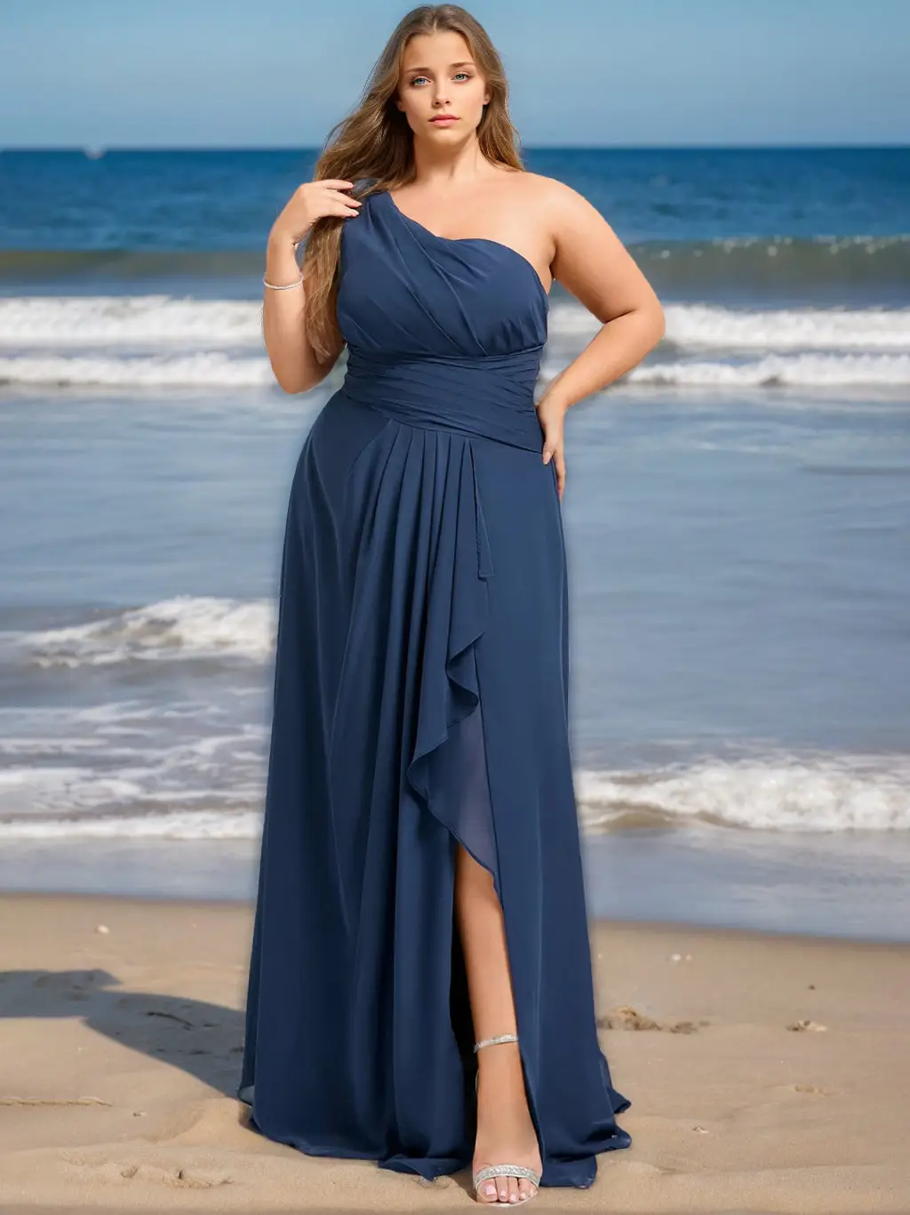 A-Line/Princess One-Shoulder Sleeveless Floor-Length Plus Size Bridesmaid Dress With Ruffles — LV39474229 — view 1