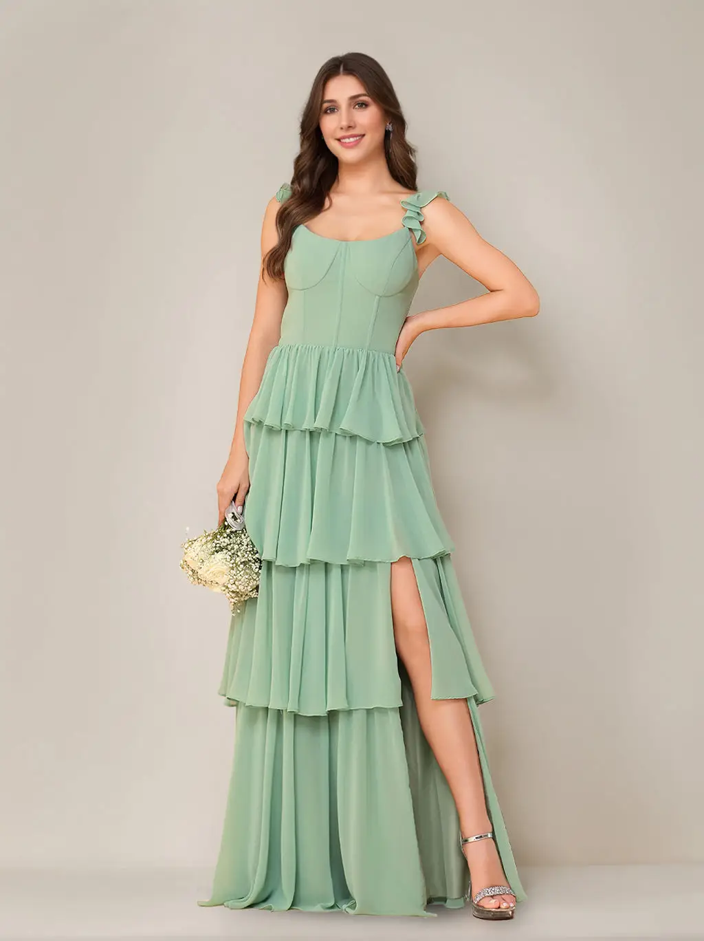 A-Line/Princess Scoop Neck Sleeveless Floor-Length Bridesmaid Dress with Ruffles & Split Side — view 1