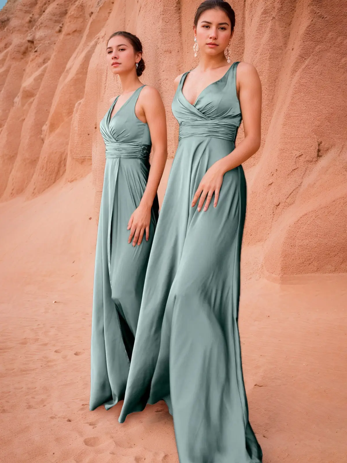 A-Line/Princess V-Neck Sleeveless Ruched Floor-Length Pleated Bridesmaid Dresses with Slit — view 1