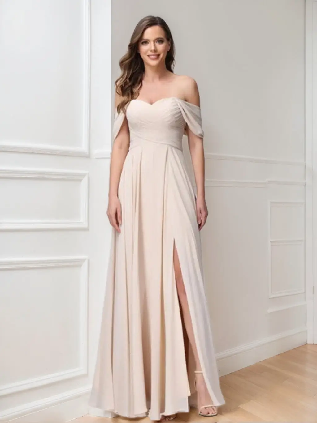 A-Line/Princess Off-the-Shoulder Sleeveless Floor-Length Bridemaid Dresses with Split Side & Ruched — view 1
