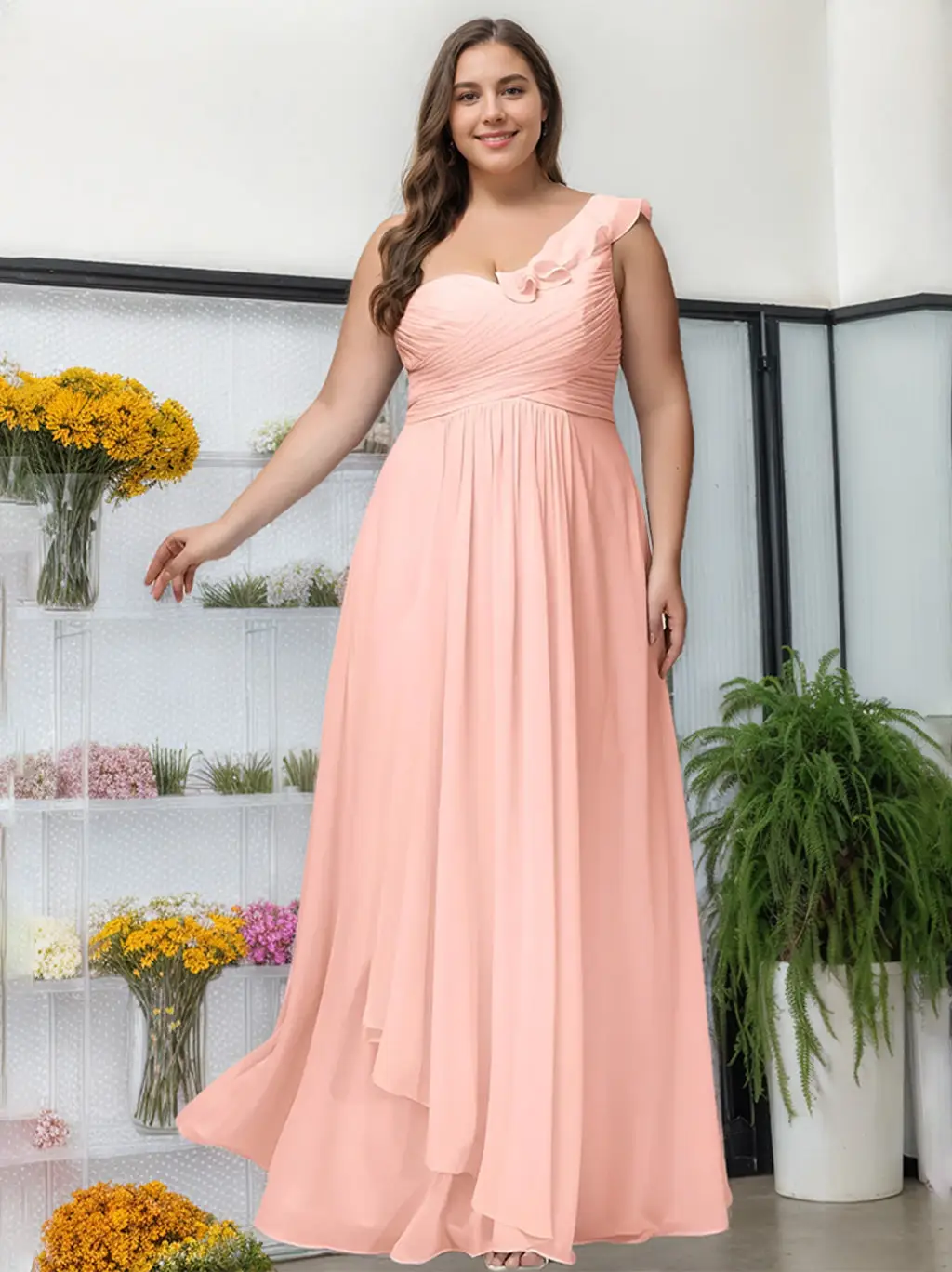 A-Line/Princess One-Shoulder Sleeveless Floor-Length Unique Plus Size Bridesmaid Dress With Ruffles — LV17442101 — view 1