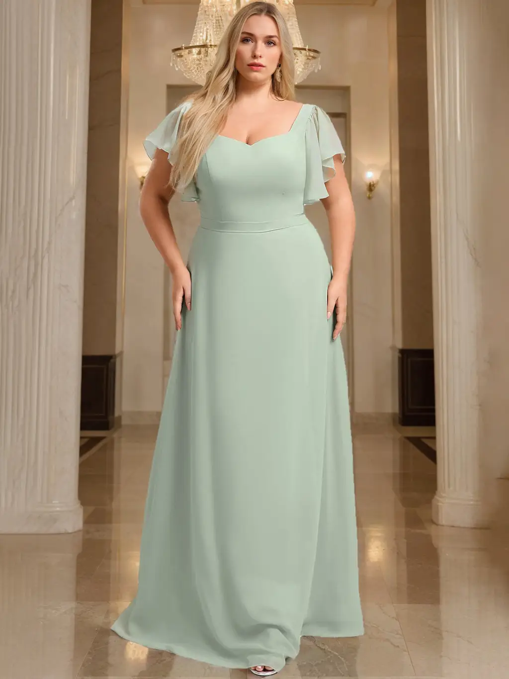 A-Line/Princess V-Neck Short Sleeves Floor-Length Chiffon Plus Size Bridesmaid Dresses — view 1