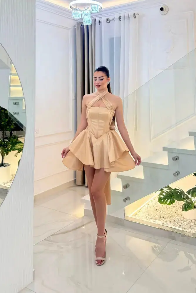 Minimal Champagne Satin Halter High-Low Ballgown Homecoming Dress — view 1