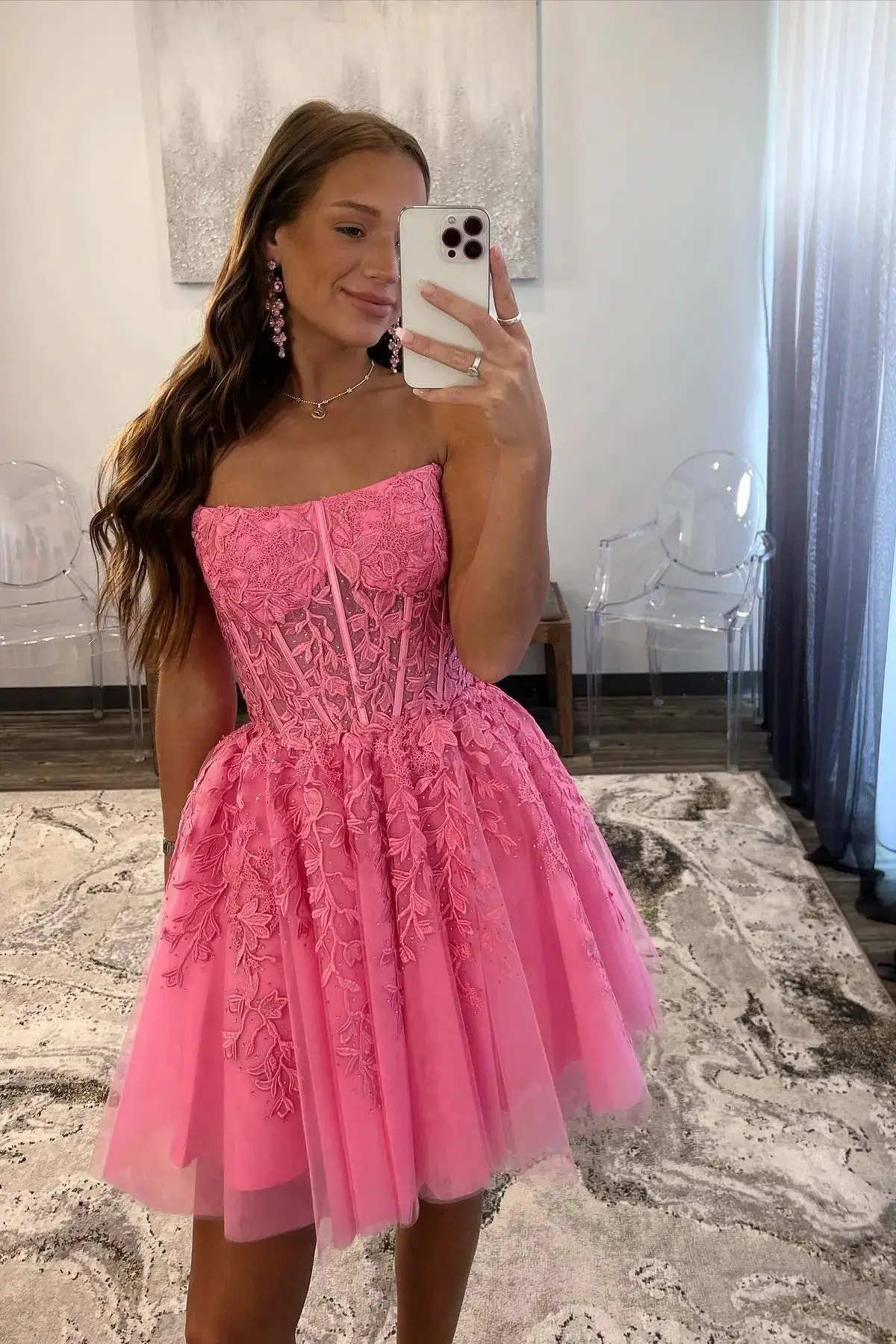 Hot Pink Strapless Lace Ballgown Homecoming Dress — view 1