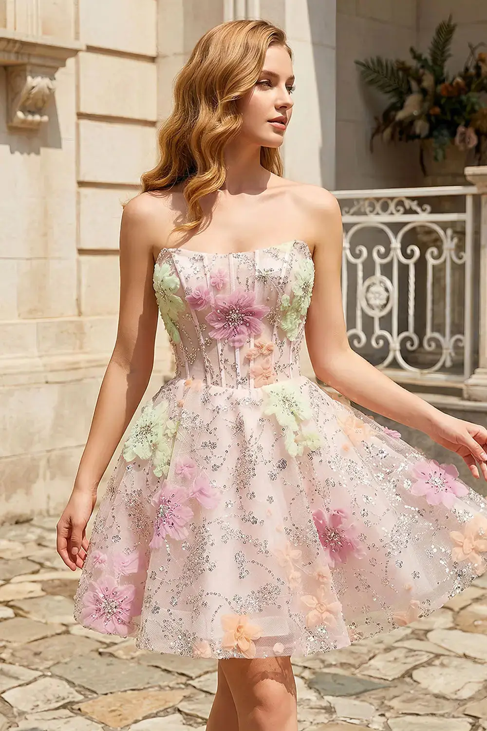 Pink Strapless 3D Floral Homecoming Dress with Sparkle Tulle — view 1