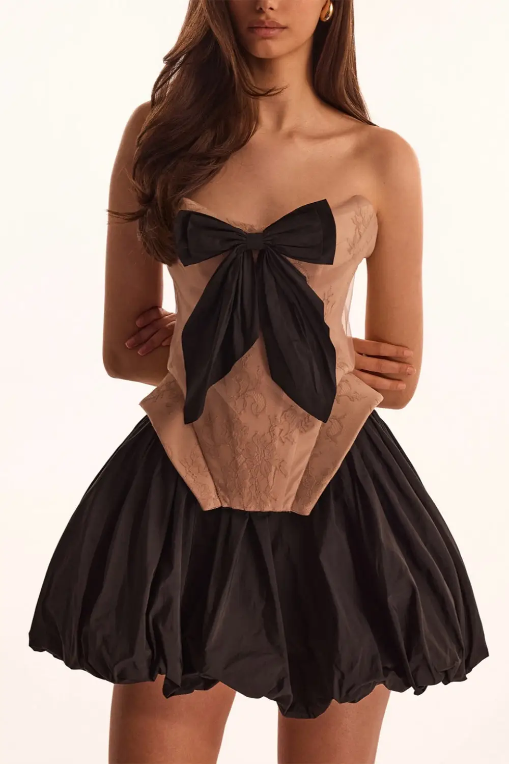 Elegant Champagne Strapless Corset Homecoming Dress with Bow — view 1