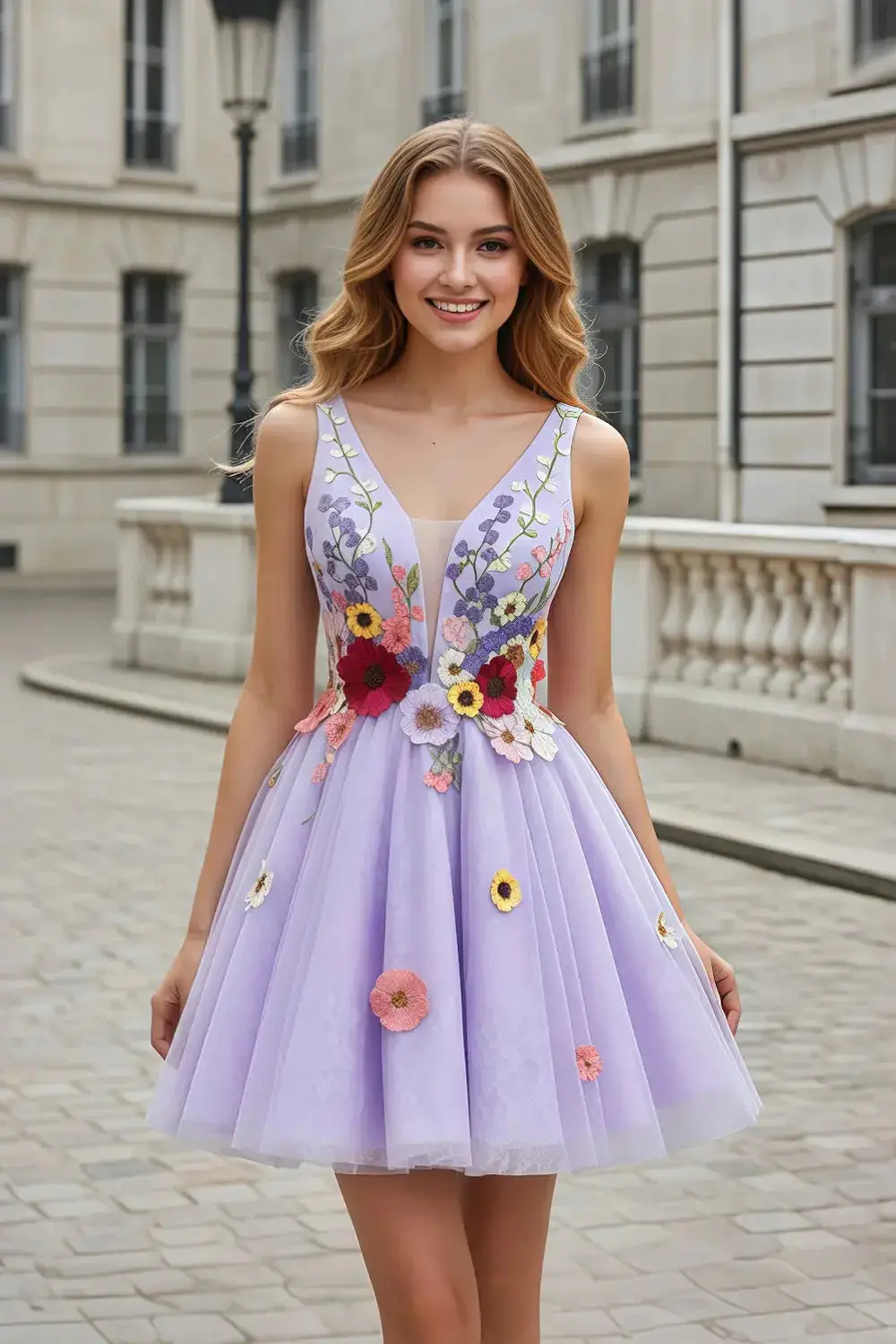 Lavender Tulle Fit-and-Flare Mini Homecoming Dress — view 1