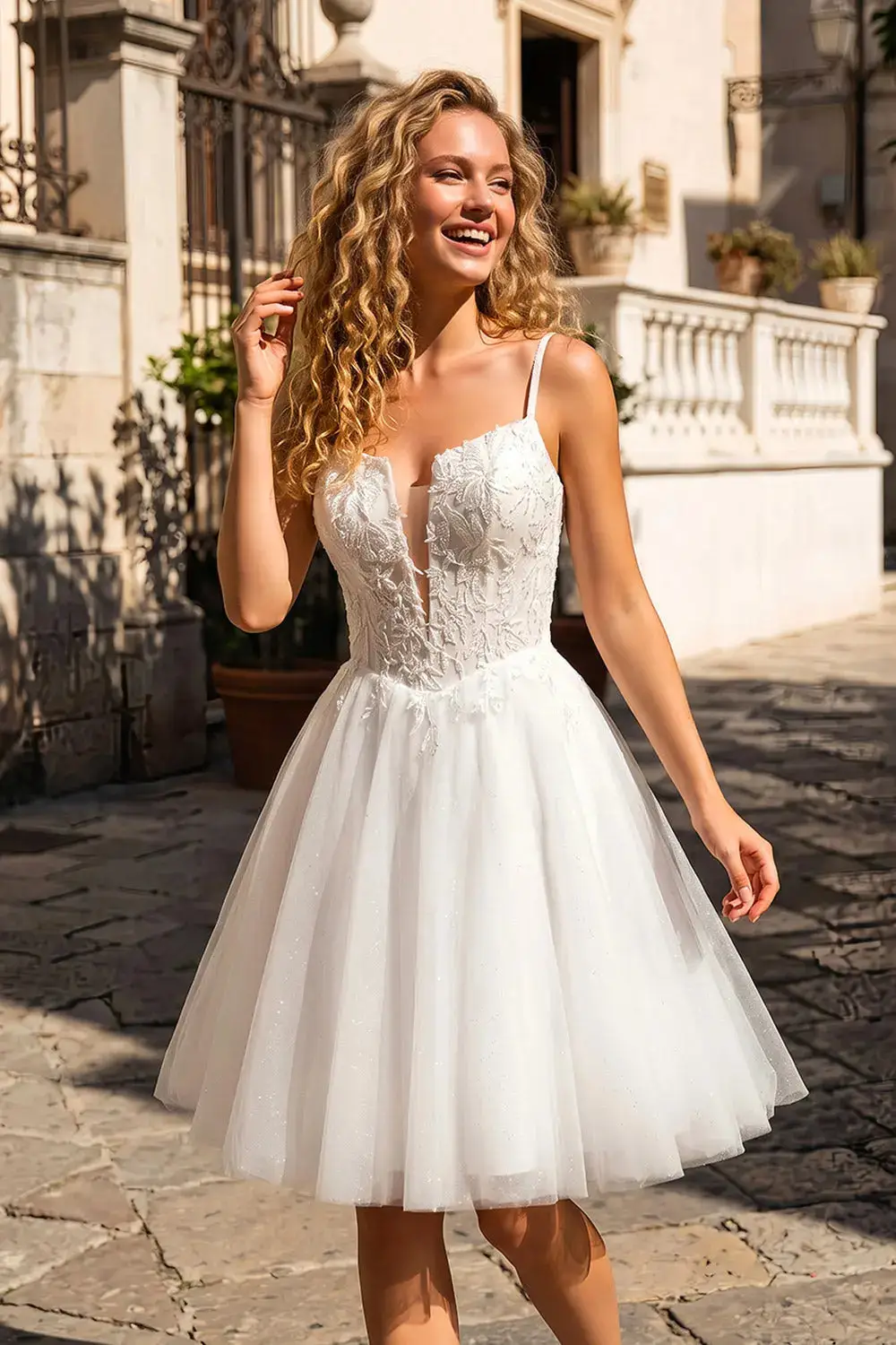 Spaghetti Strap Ball Gown Mini Short White Lace Homecoming Dress — view 1