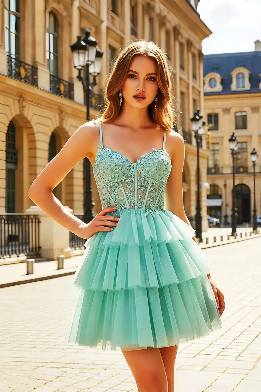 Mint Green Tiered Tulle Homecoming Dress with Lace Bodice — view 1