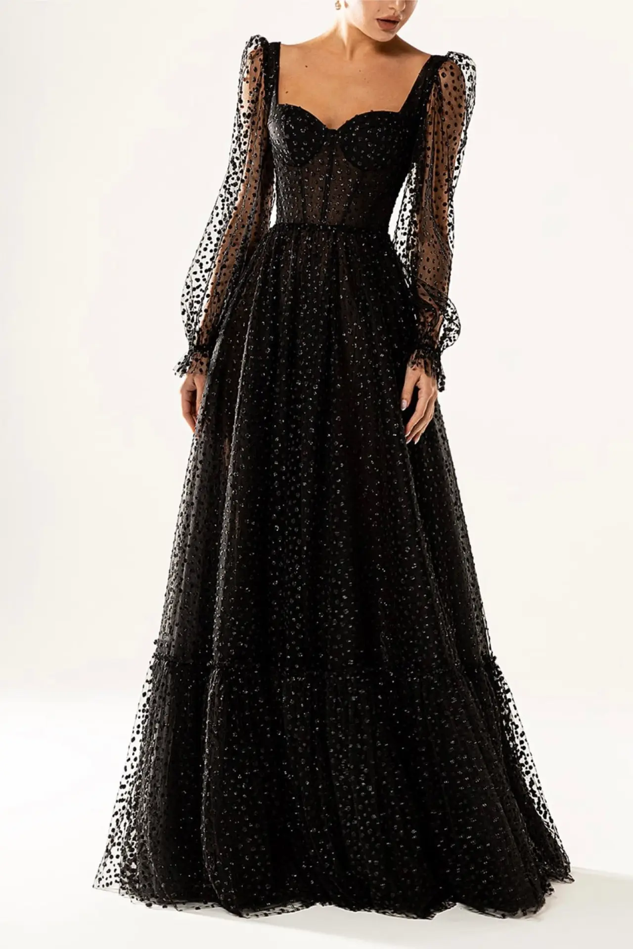 W Medea Black Long Sleeve Gown wedding guest dress, view 1