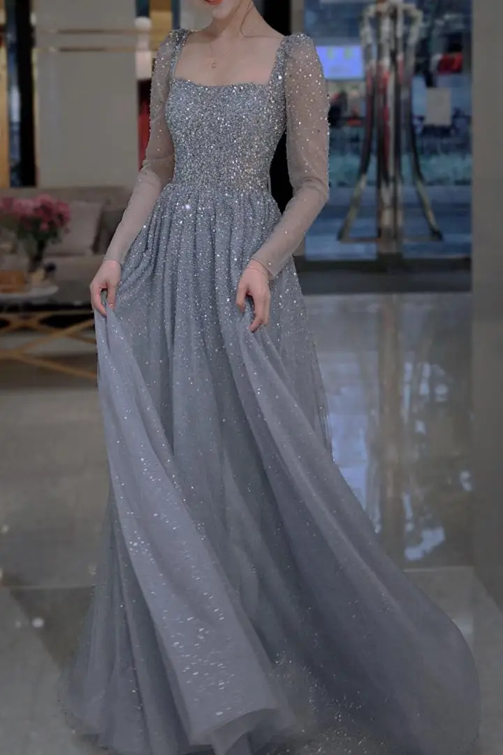 Aegean Blue Long Sleeve Gown wedding guest dress, view 1