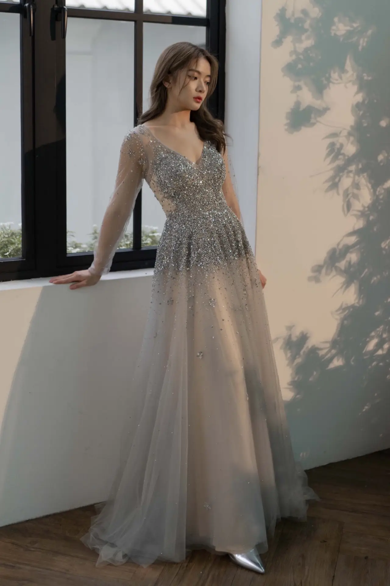 Alina Beaded Long Sleeve Gown wedding guest dress, view 1